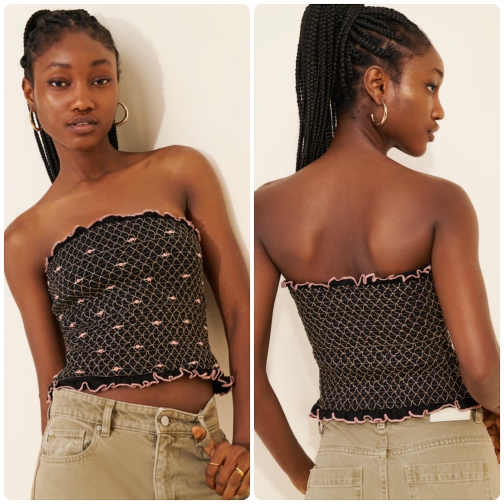 NEW Size Medium Free People Field of Roses Sleeveless Ruched Black Tube Top